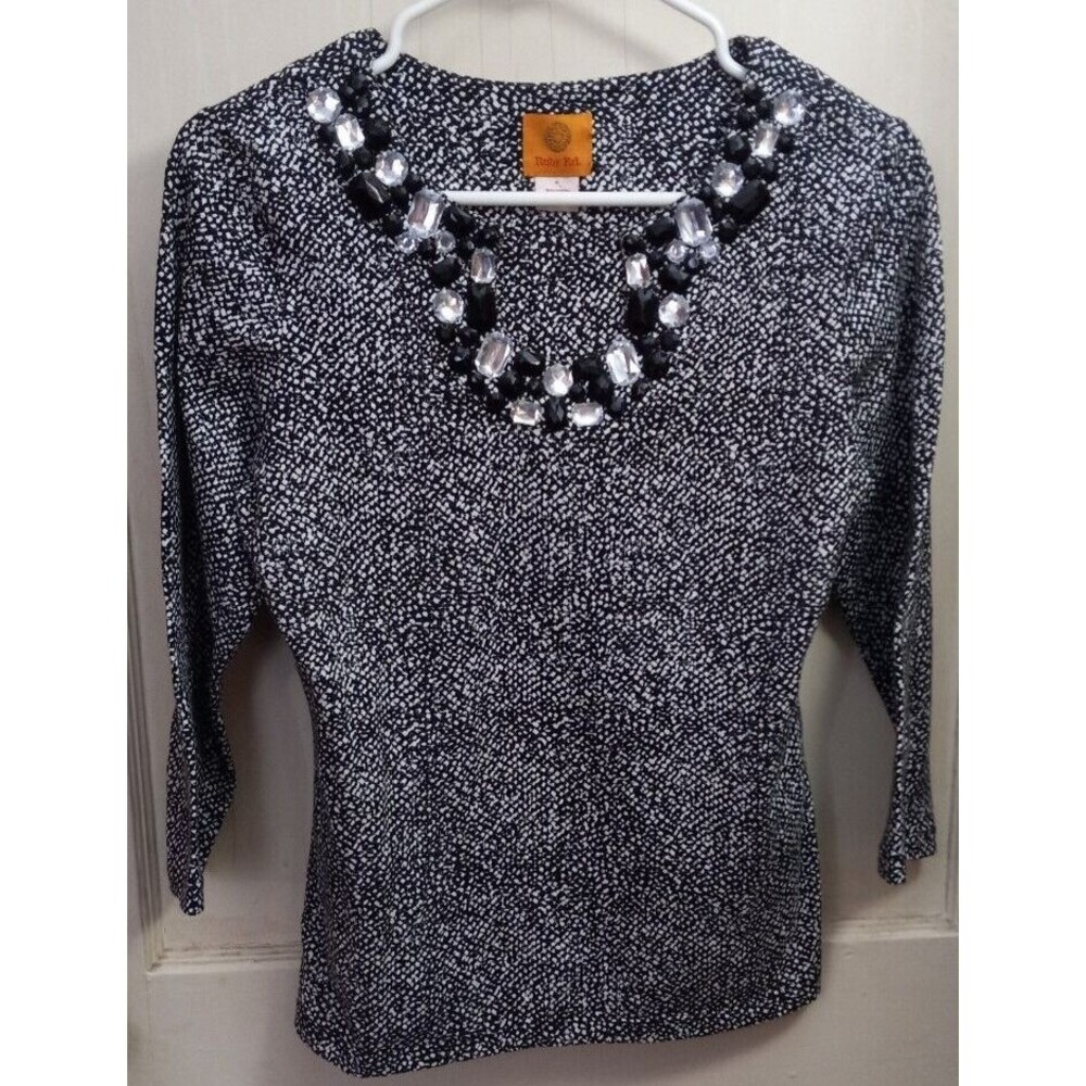 Ruby Road Womens Black White Beaded Neck Black Trim 3/4 Sleeve Top Blouse Small